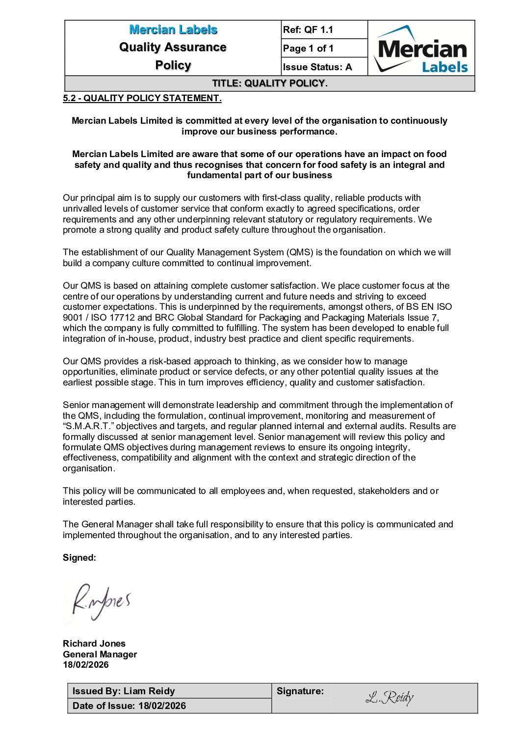 Mercian Labels Quality Policy Statement