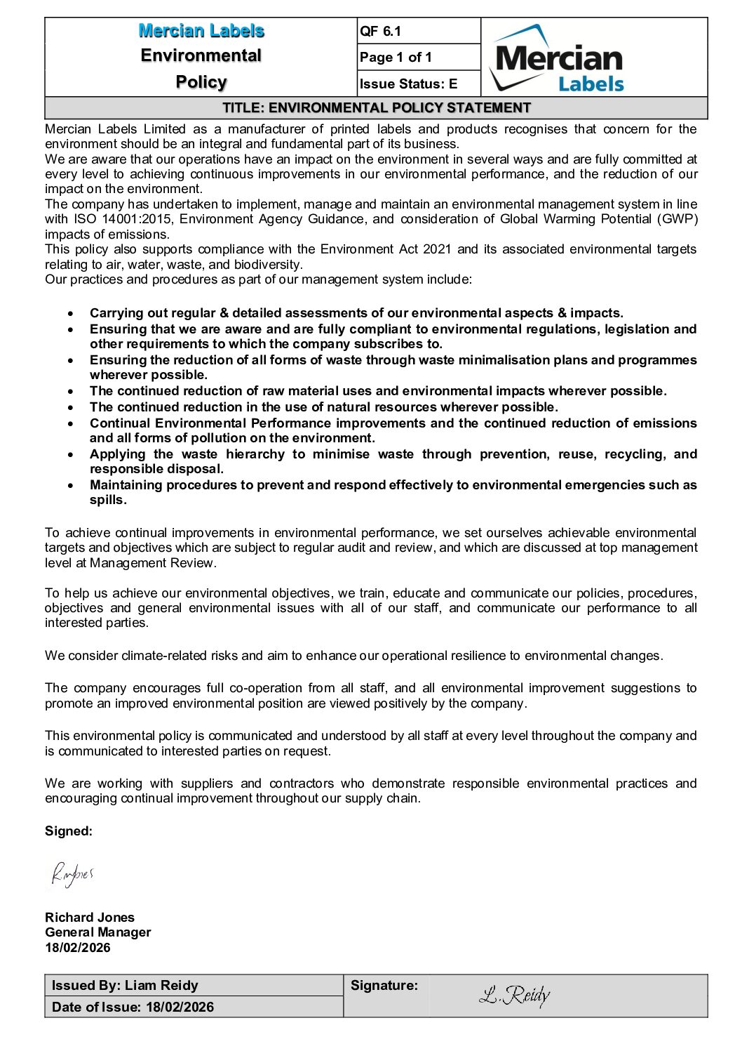 Mercian Labels Environmental Policy Statement