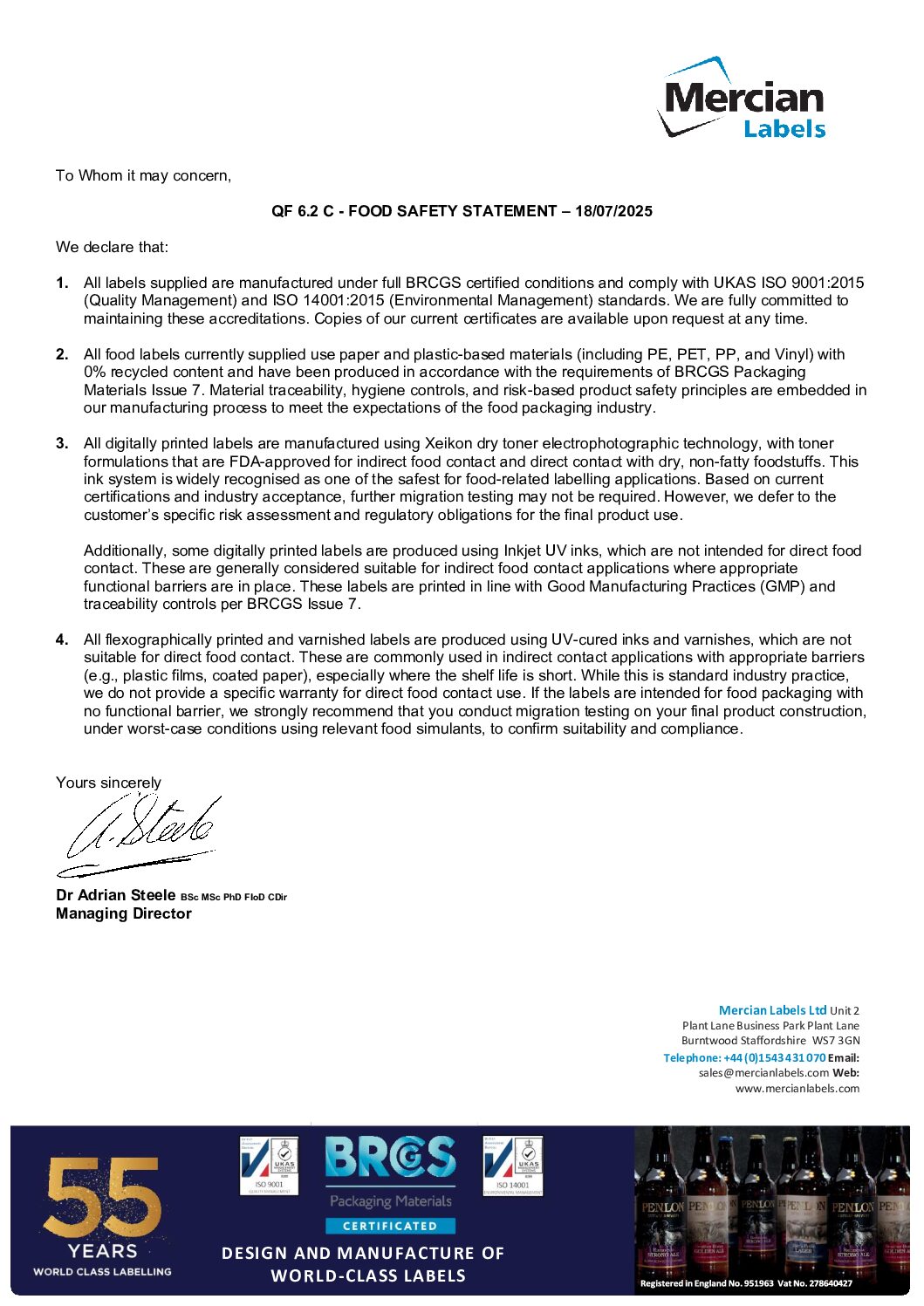 Mercian Labels Food Safety Statement