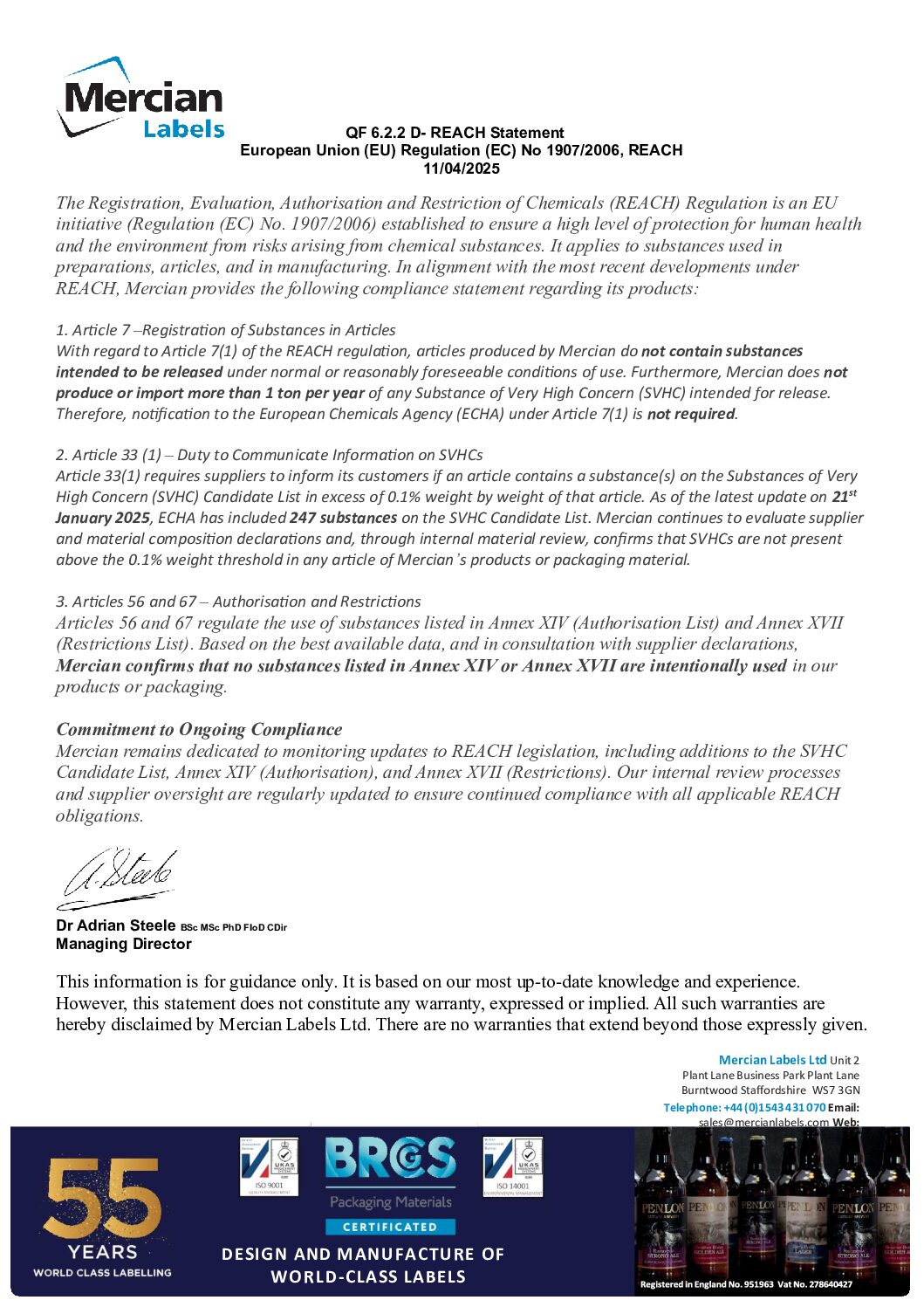 Mercian Labels REACH Statement