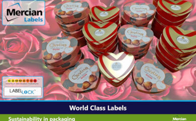 Stacks of heart-shaped chocolate gift boxes on a pink rose background. The boxes include red and gold heart tins and pink patterned “Love Praline Hearts” packages. Mercian Labels logo appears in the top left, with additional branding for GAMMATEX and LabelLock on the left side. A banner across the bottom reads “World Class Labels” and “Sustainability in packaging,” with a Mercian Zero logo in the lower right corner.