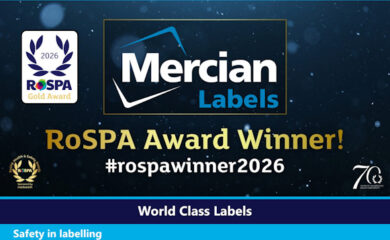 Image promoting Mercian Labels having been awarded A Gold Award in The RoSPA Health and Safety Awards. The Mercian Labels logo is shown at the top centre against a starry background. The RoSPA Gold Award 2026 logo is shown to the left of that. Centred beneath these are the words (in gold text) stating ‘RoSPA Award Winner!’ and the hashtag #rospawinner2026 beneath that. To the bottom right hand side is a bespoke logo for this year celebrating this being the 70th Anniversary of the Awards. The strap lines of ‘World Class Labels’ and ‘Safety in labelling’ appear across the base in white text.