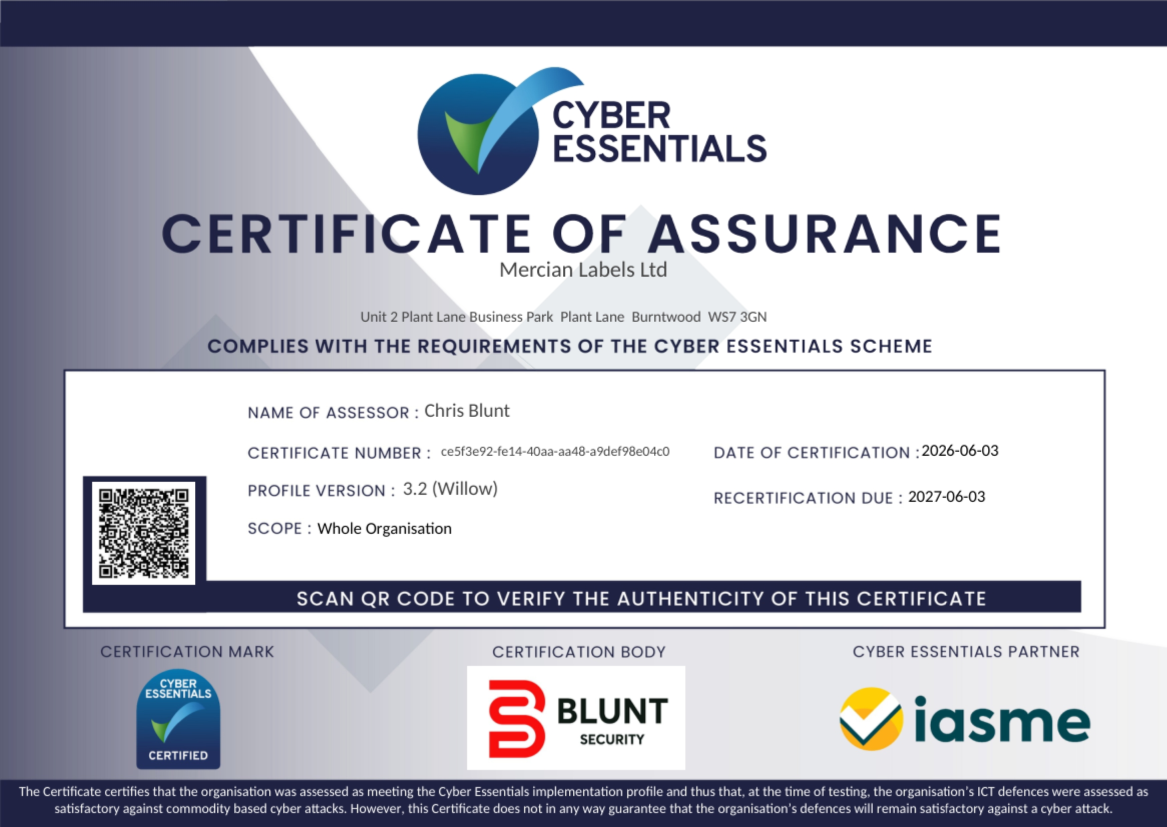 Cyber Essentials Certificate for Mercian Labels to 3rd June 2027