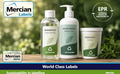 Promotional image for Mercian Labels highlighting sustainable labelling solutions. Three recyclable product containers, a shampoo bottle, hand wash pump bottle, and yoghurt tub, feature green leaf themed labels marked "100% Recyclable" against a blurred natural outdoor background. The Secura Labels & Mercian Labels logos appear top left, an "EPR – Extended Producer Responsibility" graphic is top right, and "Mercian zero" branding appears bottom left and bottom right. The banner headline reads "World Class Labels" with the tagline "Sustainability in labelling."