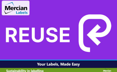 Mercian Labels promotional image with a purple gradient background featuring the word "REUSE" in large white capital letters alongside the official white reuse symbol. The Mercian Labels logo appears in the top left, with the tagline "Your Labels, Made Easy" in a dark blue banner across the bottom. A green footer reads "Sustainability in labelling" with the Mercian Zero logo in the bottom right.