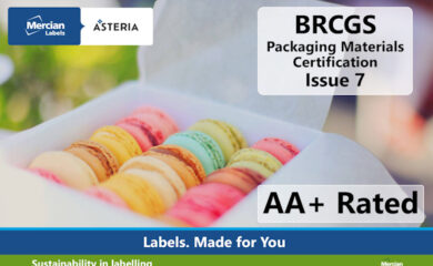 Promotional image for Mercian Labels featuring colourful macarons, highlighting BRCGS Packaging Materials certification issue 7 with an AA+ rating and the tagline “When only the best will do”. A footer banner reads: “Labels. Made for You” with the phrase “Sustainability in labelling” at the bottom.